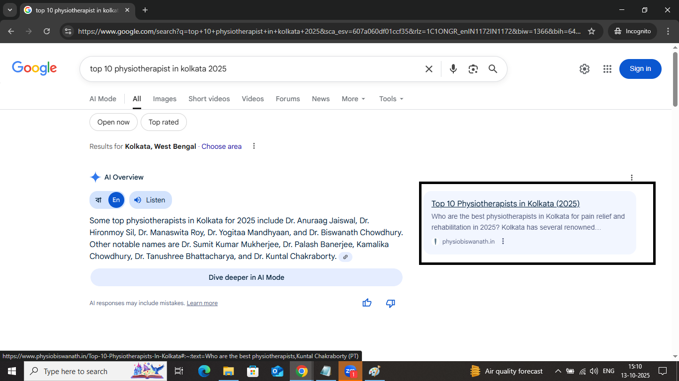 Google AI Overview #1 ranking achievement by Kolkata SEO professional screenshot