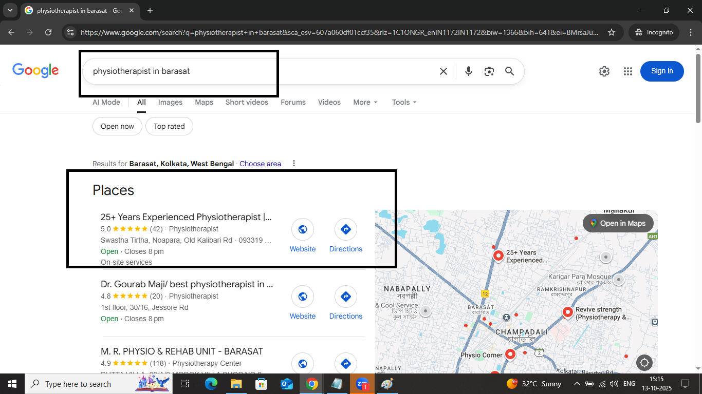 Local SEO GMB #1 ranking for physiotherapist in Barasat by freelance SEO specialist Kolkata screenshot