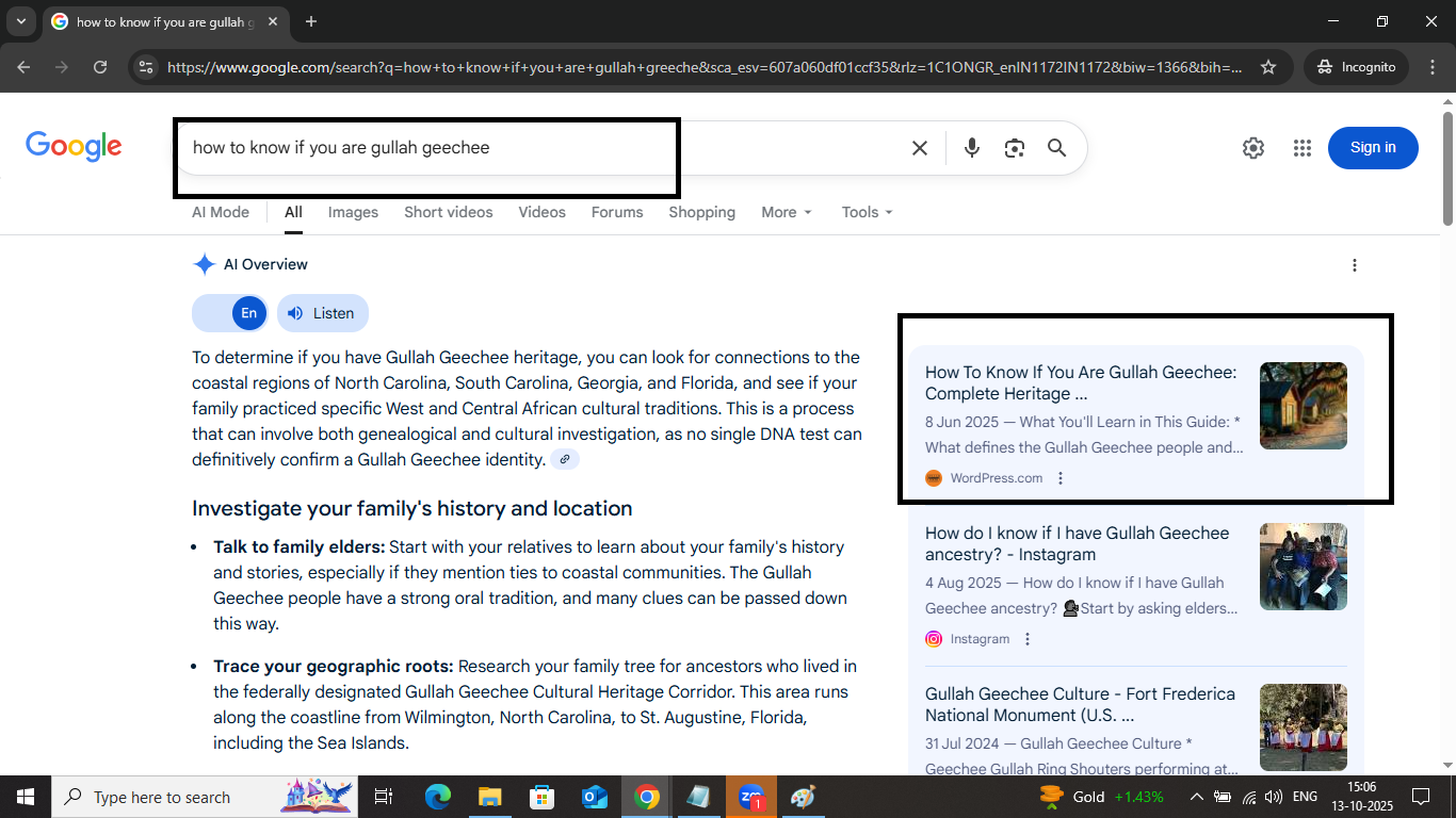 Number 1 rank in Google AI Overview for ancestry query by Kolkata SEO expert screenshot